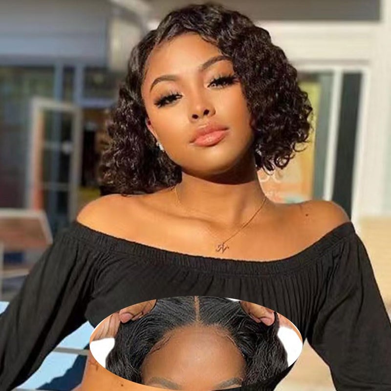 Wear and Go Glueless Wigs Human Hair Pre Plucked Pre Cut 4x4 Lace Front Wigs for Black Women for Beginners 180 Density Curly Bob Wig Human Hair 8 Inch